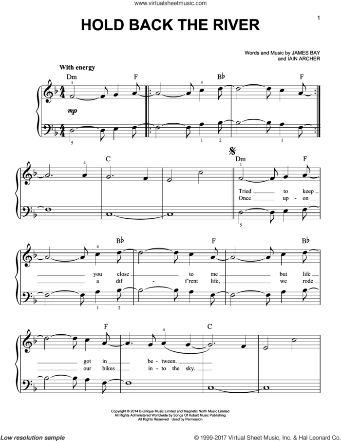 Hold Back The River sheet music for piano solo by James Bay and Iain Archer, easy skill level