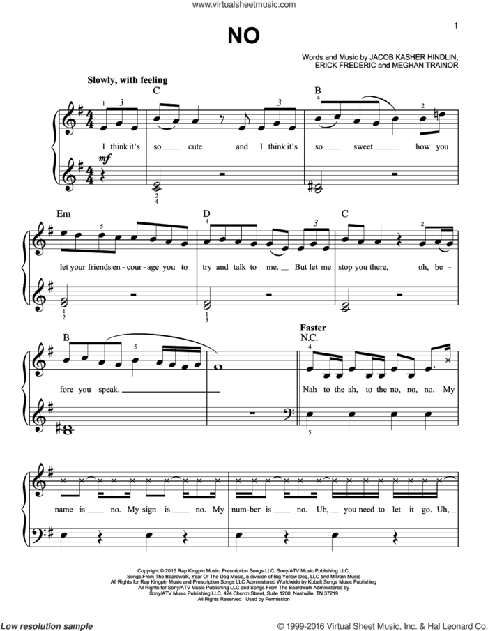 No sheet music for piano solo by Meghan Trainor, Eric Frederic and Jacob Kasher Hindlin, easy skill level