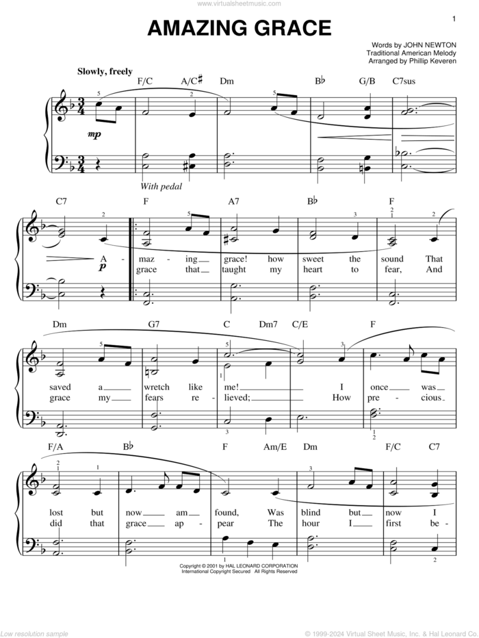 Amazing Grace (arr. Phillip Keveren) sheet music for piano solo by John Newton, Phillip Keveren, Edwin O. Excell and Miscellaneous, wedding score, easy skill level