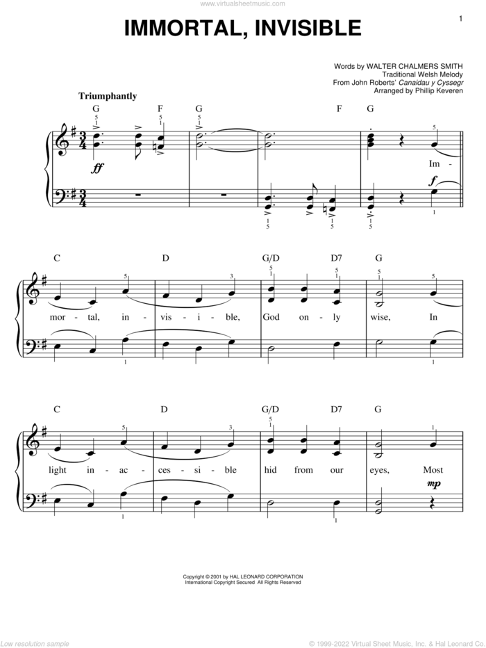 Immortal, Invisible (arr. Phillip Keveren), (easy) sheet music for piano solo by Walter Chalmers Smith, Phillip Keveren and Miscellaneous, easy skill level