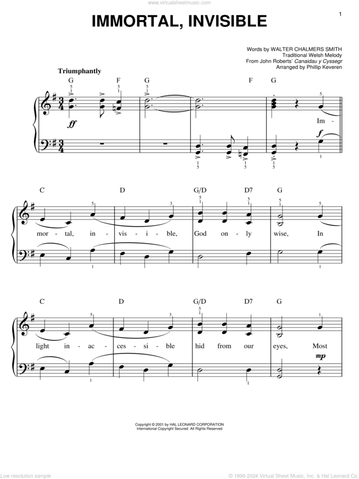 Immortal, Invisible (arr. Phillip Keveren), (easy) sheet music for piano solo by Walter Chalmers Smith, Phillip Keveren and Miscellaneous, easy skill level