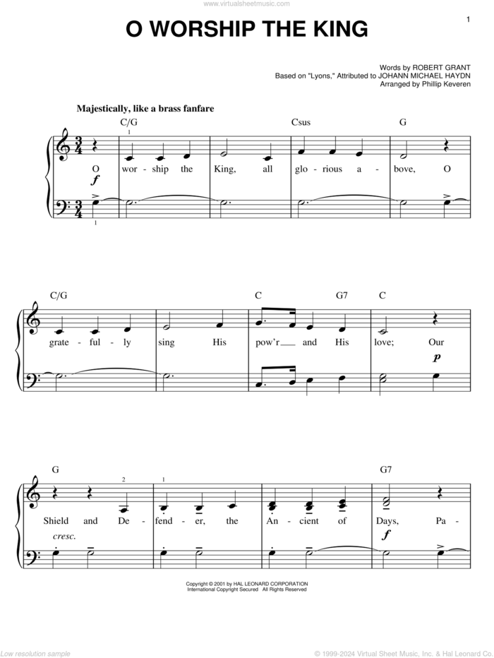 O Worship The King (arr. Phillip Keveren), (easy) sheet music for piano solo by Robert Grant, Phillip Keveren and Johann Michael Haydn, easy skill level