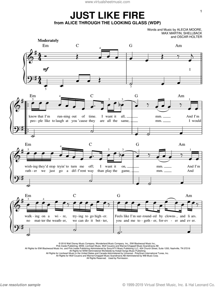 Just Like Fire, (easy) sheet music for piano solo by Max Martin, Miscellaneous, Alecia Moore, Johan Schuster, Oscar Holter and Shellback, easy skill level