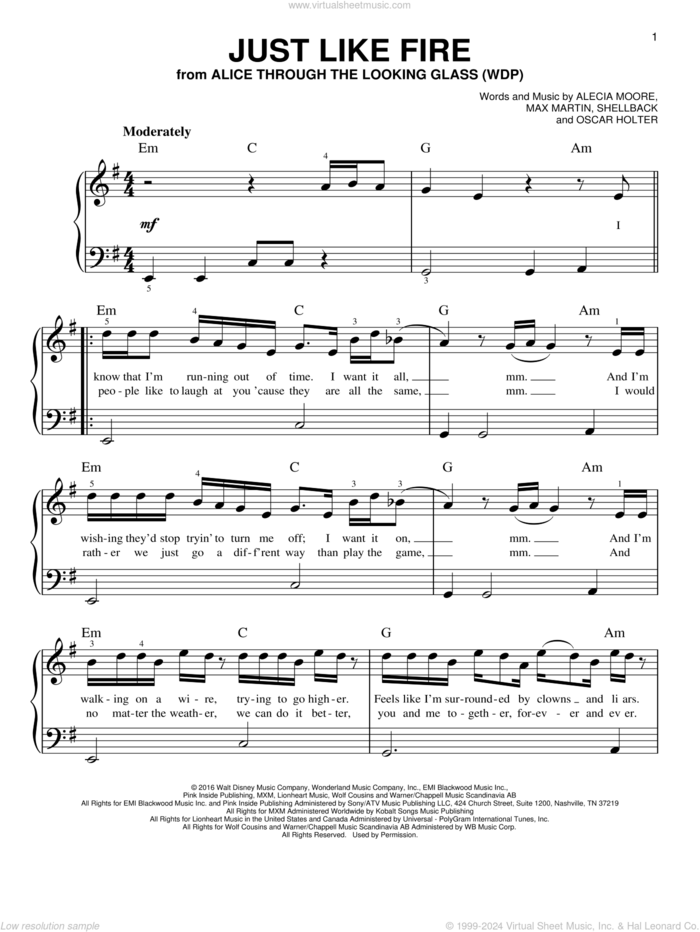 Just Like Fire sheet music for piano solo by Max Martin, Miscellaneous, P!nk, Alecia Moore, Johan Schuster, Oscar Holter and Shellback, easy skill level