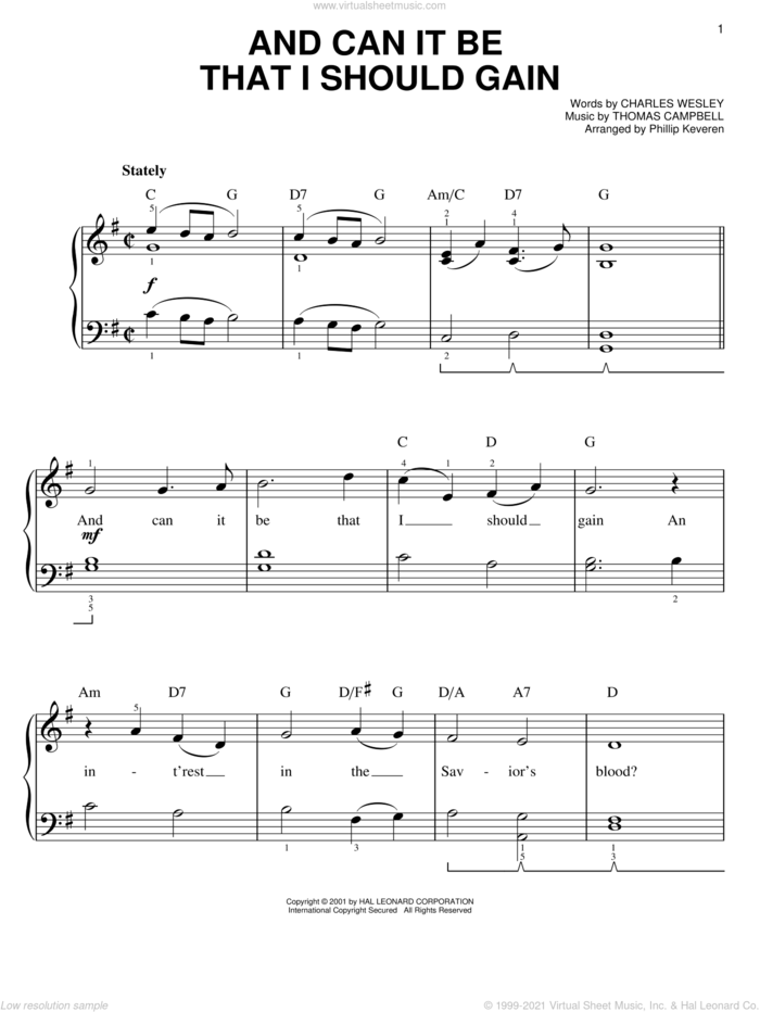 And Can It Be That I Should Gain (arr. Phillip Keveren) sheet music for piano solo by Charles Wesley, Phillip Keveren and Thomas Campbell, easy skill level