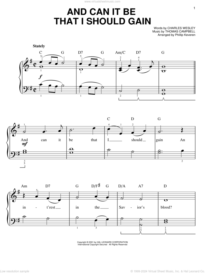 And Can It Be That I Should Gain (arr. Phillip Keveren) sheet music for piano solo by Charles Wesley, Phillip Keveren and Thomas Campbell, easy skill level