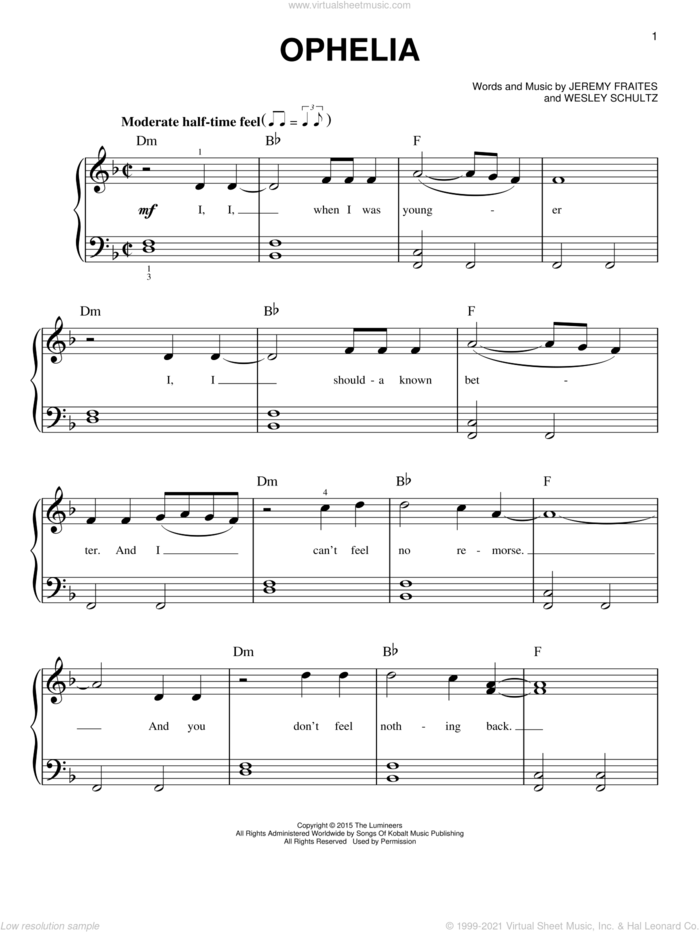 Ophelia sheet music for piano solo by The Lumineers, Jeremy Fraites and Wesley Schultz, easy skill level