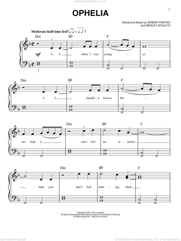 Ophelia, (easy) sheet music for piano solo by The Lumineers, Jeremy Fraites and Wesley Schultz, easy skill level