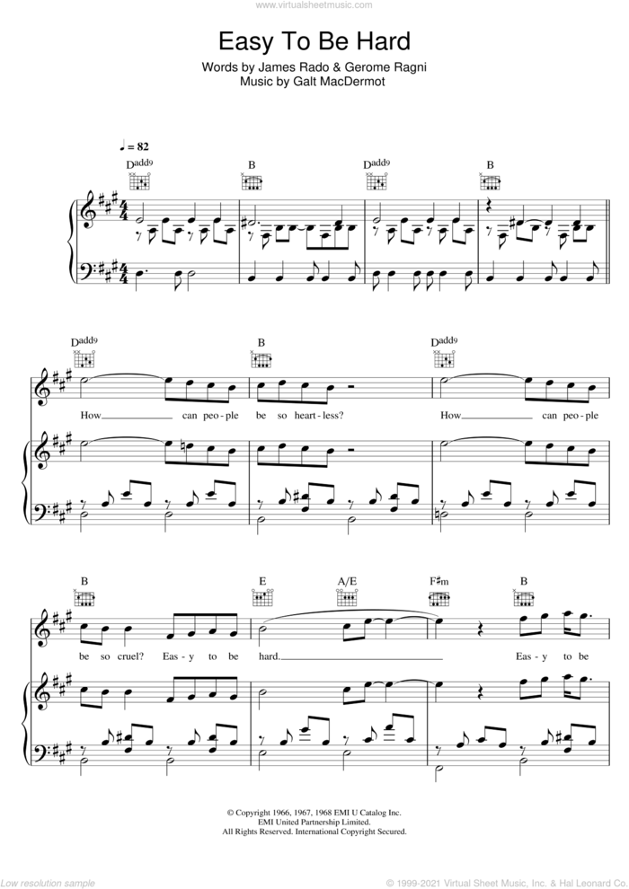 Easy To Be Hard (from 'Hair') sheet music for voice, piano or guitar by Galt MacDermot, Gerome Ragni and James Rado, intermediate skill level