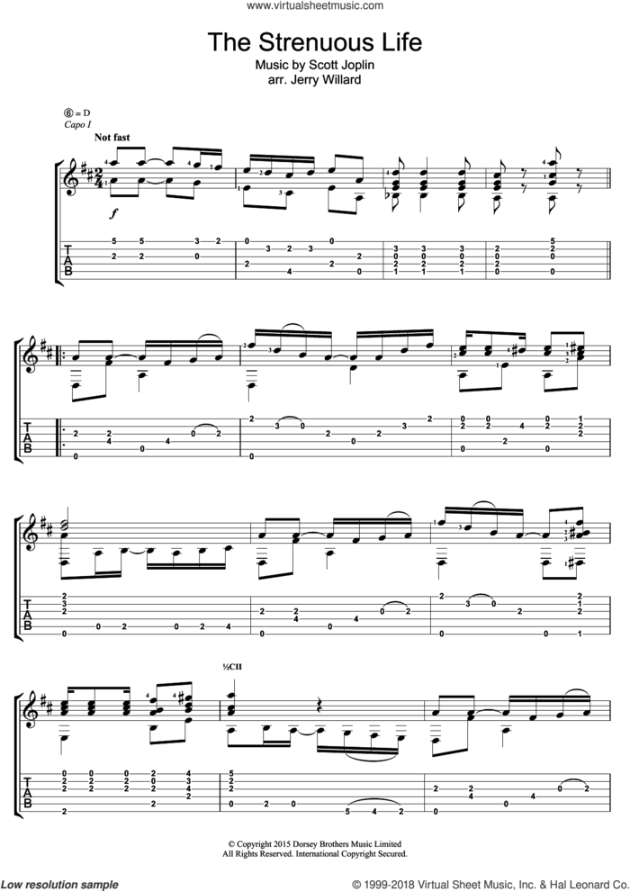 The Strenuous Life sheet music for guitar (tablature) by Scott Joplin and Jerry Willard, intermediate skill level