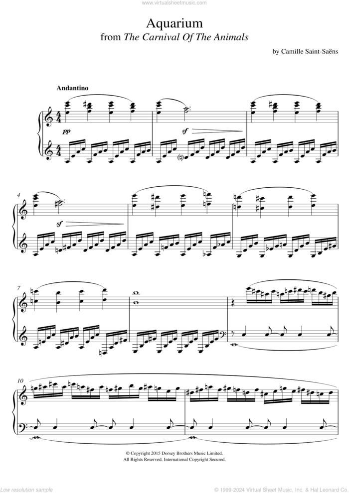 Aquarium (from 'The Carnival Of The Animals') sheet music for piano solo by Camille Saint-Saens, classical score, intermediate skill level