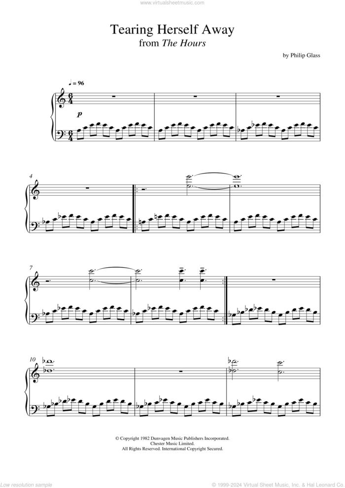 Tearing Herself Away (from 'The Hours') sheet music for piano solo by Philip Glass, classical score, intermediate skill level