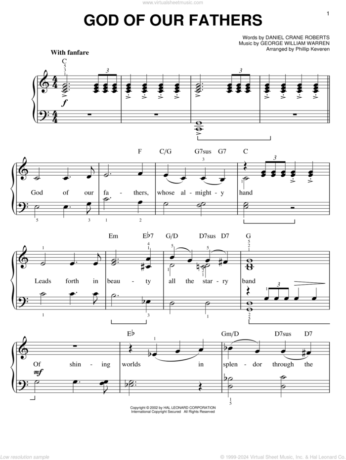 God Of Our Fathers (arr. Phillip Keveren), (easy) sheet music for piano solo by Daniel Crane Roberts, Phillip Keveren and George William Warren, easy skill level