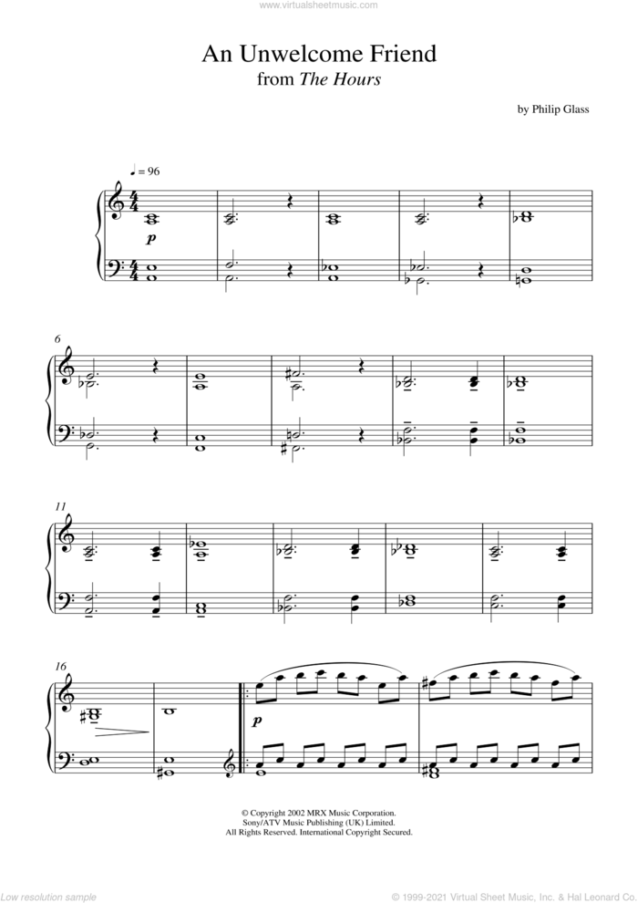An Unwelcome Friend (from 'The Hours') sheet music for piano solo by Philip Glass, classical score, intermediate skill level