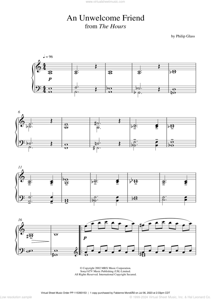 An Unwelcome Friend (from 'The Hours') sheet music for piano solo by Philip Glass, classical score, intermediate skill level