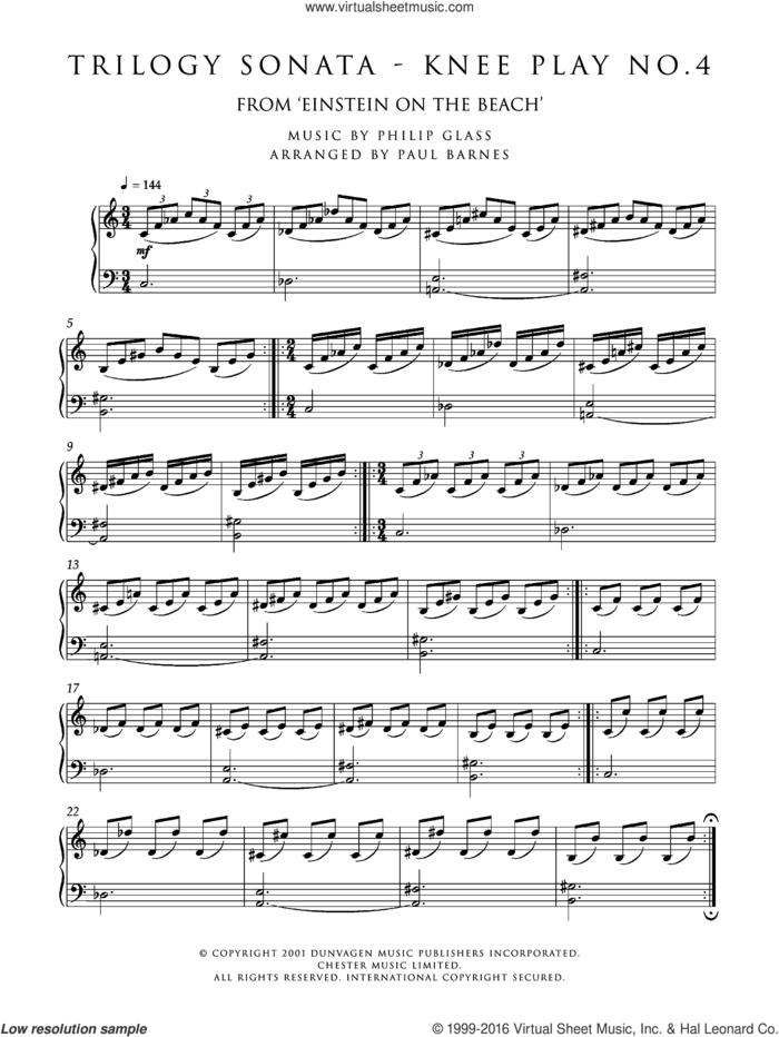 Trilogy Sonata - Knee Play No. 4 (from 'Einstein On The Beach') sheet music for piano solo by Philip Glass, classical score, intermediate skill level