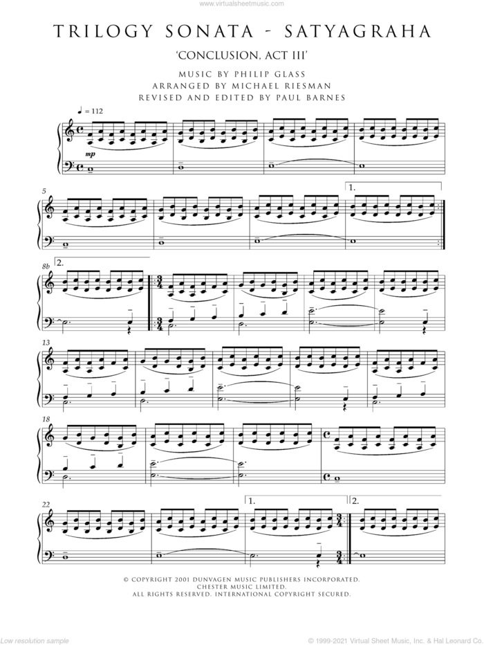 Trilogy Sonata - Satyagraha (Conclusion, Act III) sheet music for piano solo by Philip Glass, classical score, intermediate skill level