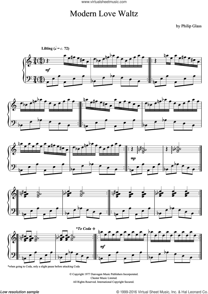 Modern Love Waltz sheet music for piano solo by Philip Glass, classical score, intermediate skill level