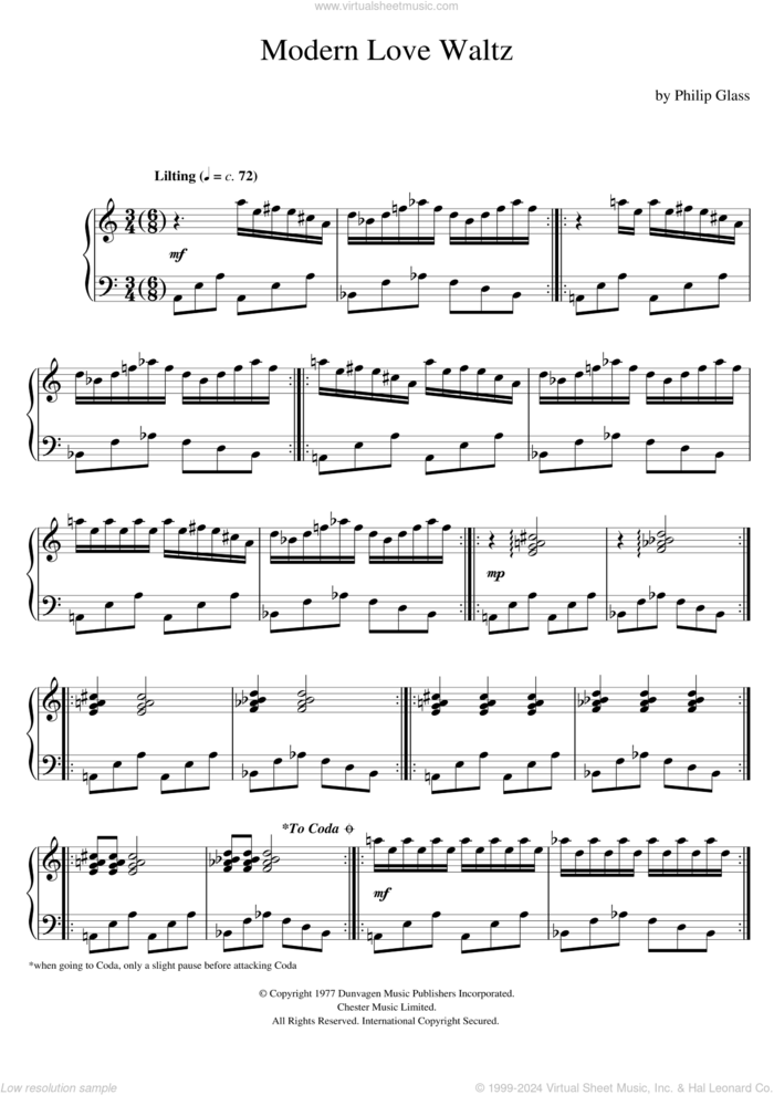 Modern Love Waltz sheet music for piano solo by Philip Glass, classical score, intermediate skill level