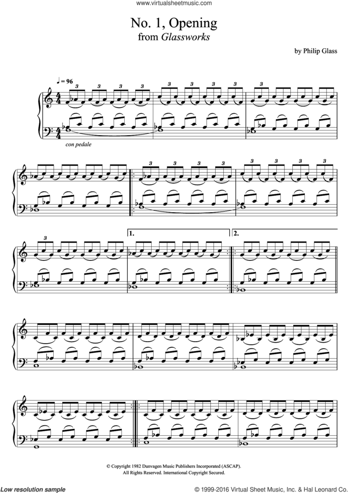 Opening (from Glassworks) sheet music for piano solo by Philip Glass, classical score, intermediate skill level