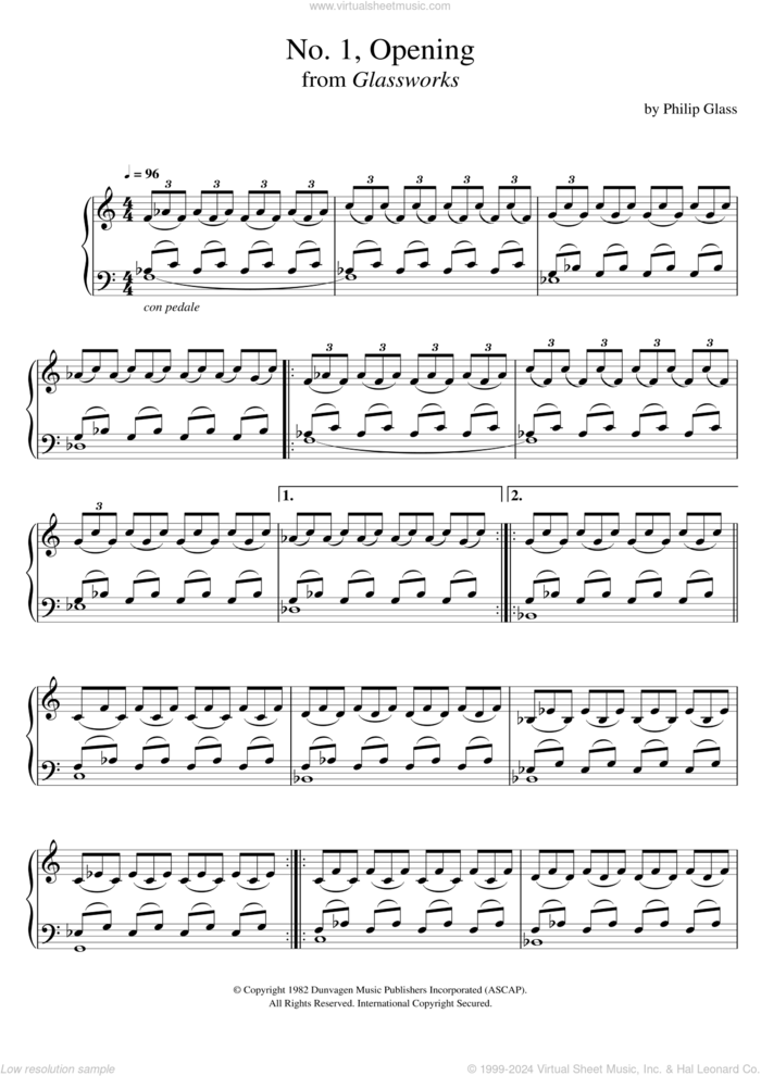 Opening (from Glassworks) sheet music for piano solo by Philip Glass, classical score, intermediate skill level