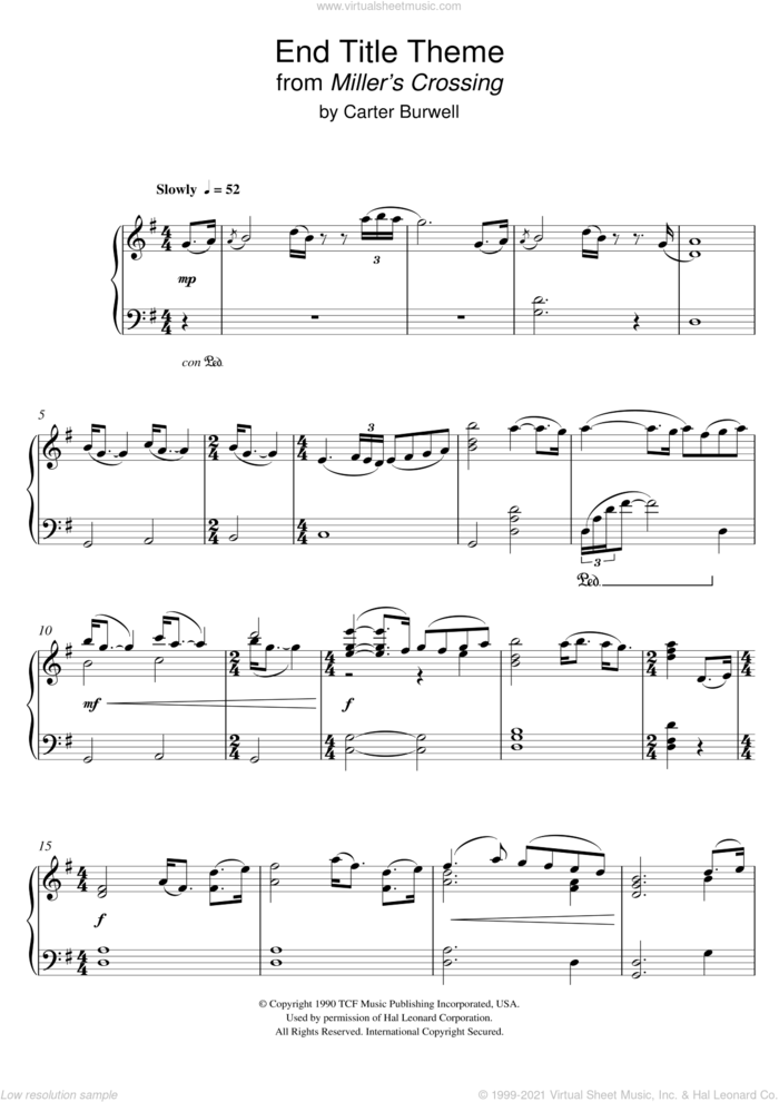 Miller's Crossing (End Titles) sheet music for piano solo by Carter Burwell, intermediate skill level