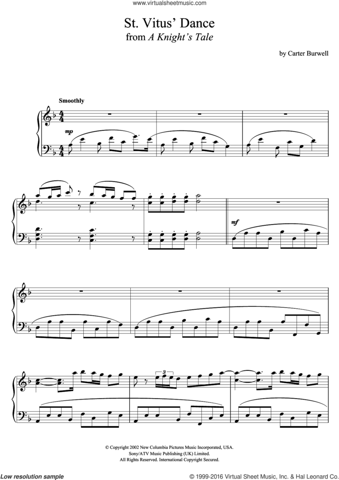 St. Vitus' Dance (from 'A Knight's Tale') sheet music for piano solo by Carter Burwell, intermediate skill level
