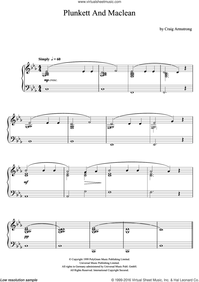 Plunkett and Macleane (Rebecca) sheet music for piano solo by Craig Armstrong, intermediate skill level