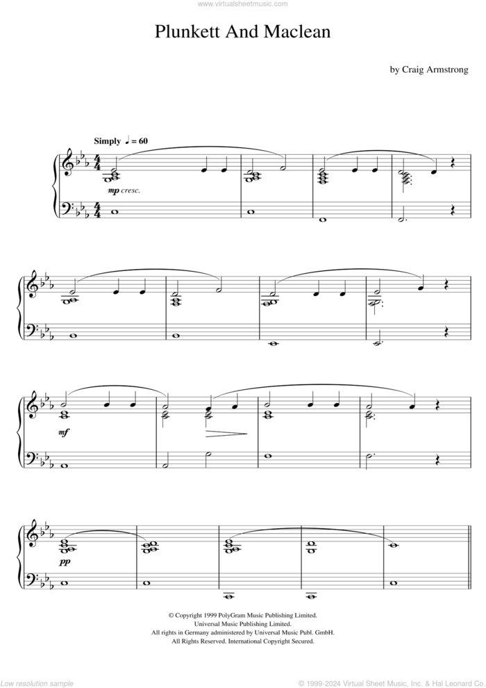 Plunkett and Macleane (Rebecca) sheet music for piano solo by Craig Armstrong, intermediate skill level