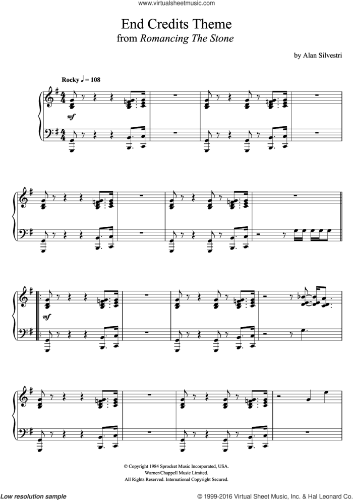 Romancing The Stone (End Credits Theme) sheet music for piano solo by Alan Silvestri, intermediate skill level