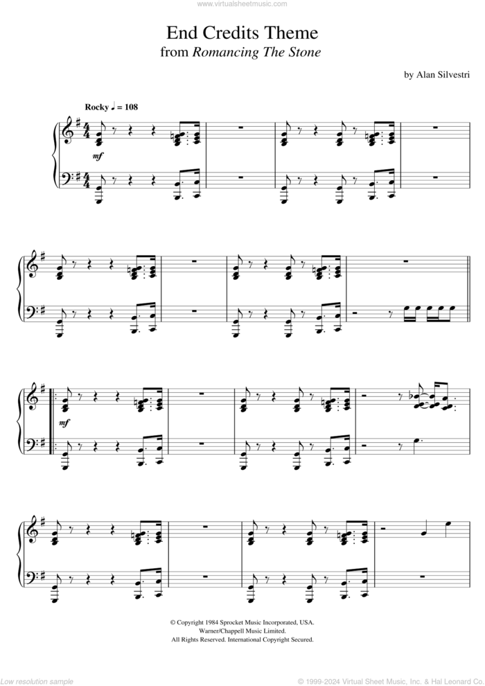 Romancing The Stone (End Credits Theme) sheet music for piano solo by Alan Silvestri, intermediate skill level