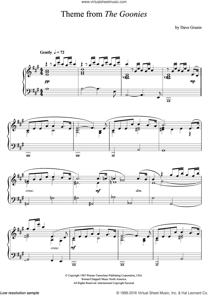 The Goonies (Theme) sheet music for piano solo by Dave Grusin, intermediate skill level
