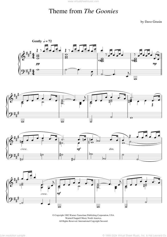 The Goonies (Theme) sheet music for piano solo by Dave Grusin, intermediate skill level