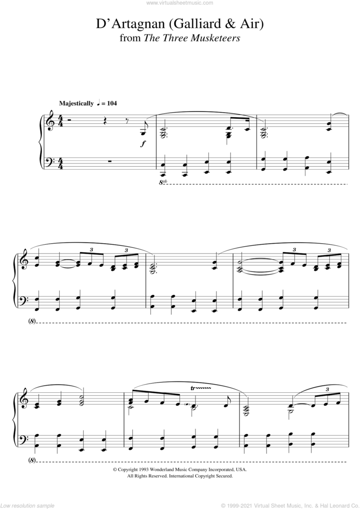 The Three Musketeers (D'Artagnan (Galliard and Air)) sheet music for piano solo by Michael Kamen, intermediate skill level