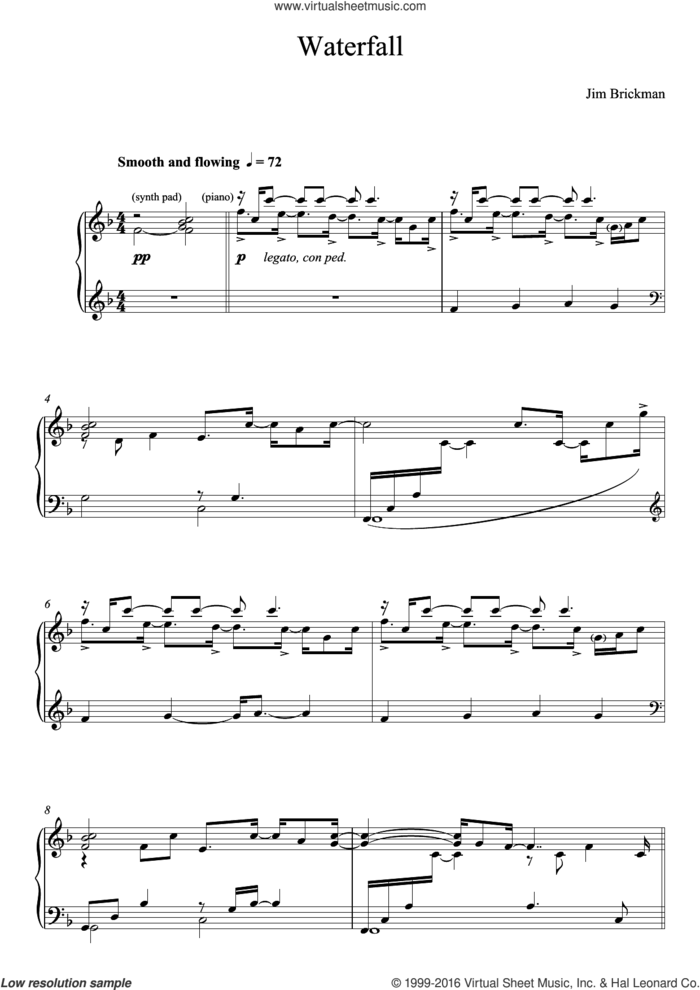 Waterfall sheet music for piano solo by Jim Brickman and James Brickman, intermediate skill level