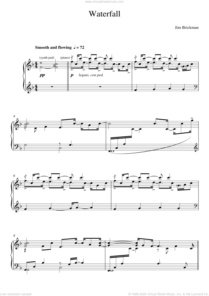 Waterfall sheet music for piano solo by Jim Brickman and James Brickman, intermediate skill level