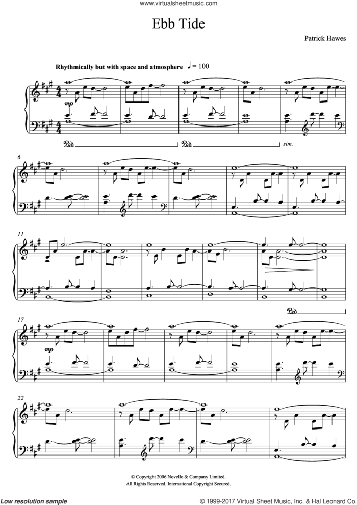 Ebb Tide sheet music for piano solo by Patrick Hawes, intermediate skill level