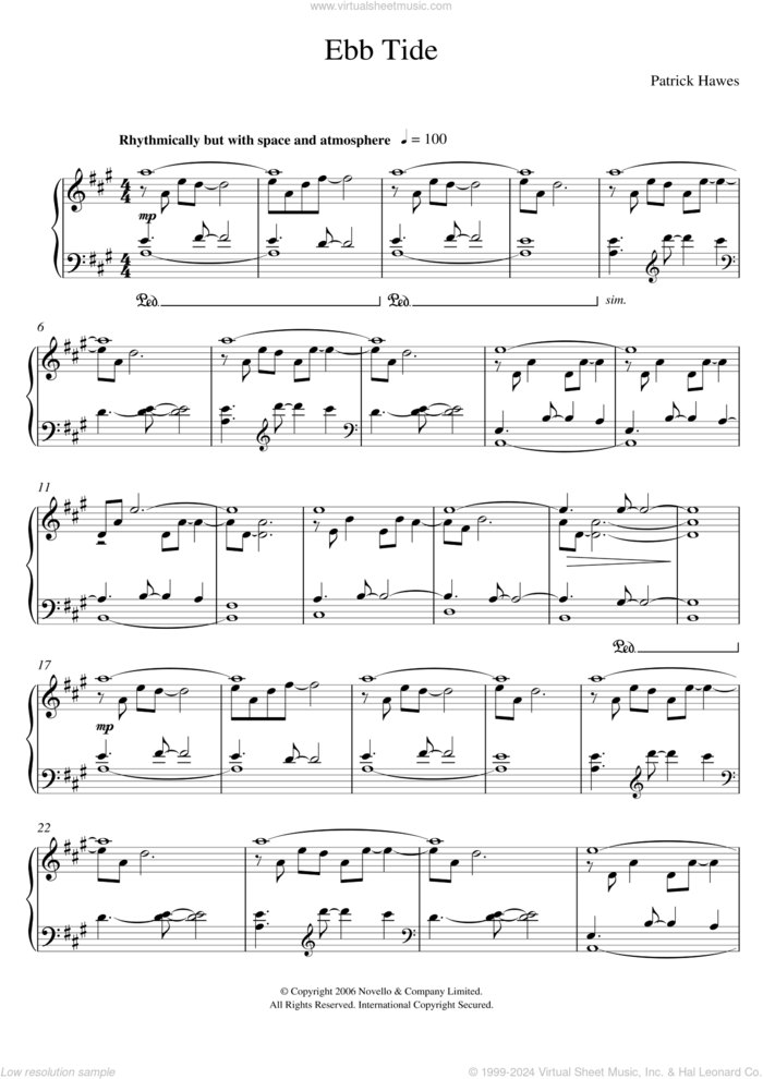 Ebb Tide sheet music for piano solo by Patrick Hawes, intermediate skill level