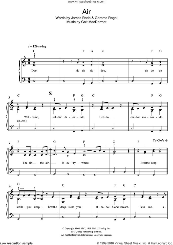 Air (from Hair) sheet music for piano solo by Galt MacDermot, Gerome Ragni and James Rado, easy skill level