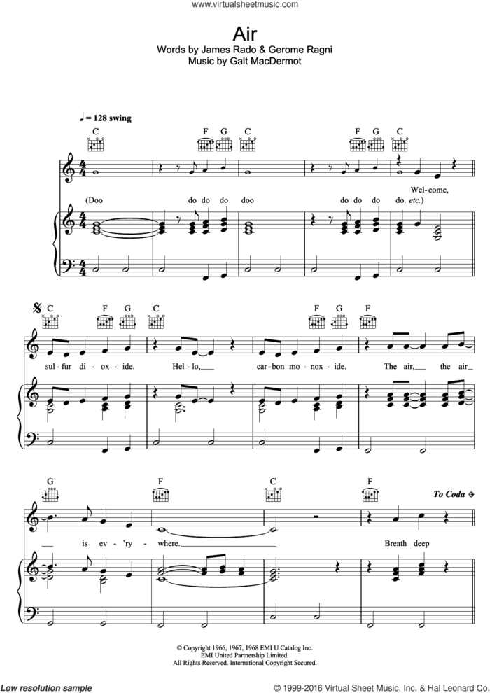 Air (from Hair) sheet music for voice, piano or guitar by Galt MacDermot, Gerome Ragni and James Rado, intermediate skill level