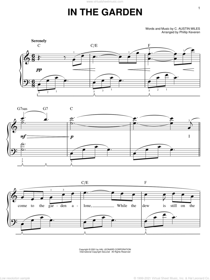 In The Garden (arr. Phillip Keveren) sheet music for piano solo by C. Austin Miles and Phillip Keveren, easy skill level