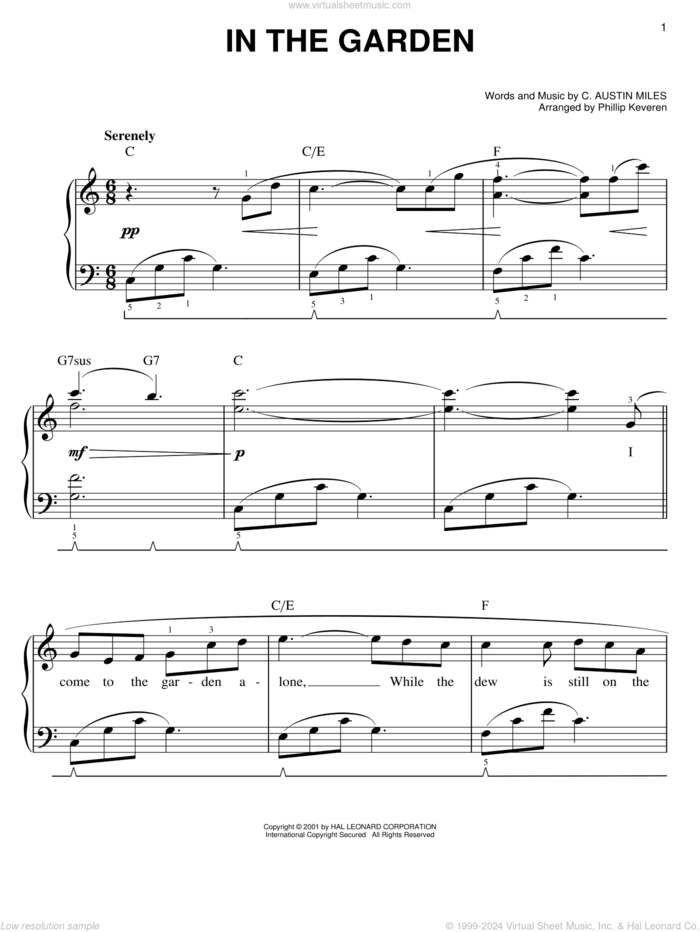 In The Garden (arr. Phillip Keveren) sheet music for piano solo by C. Austin Miles and Phillip Keveren, easy skill level