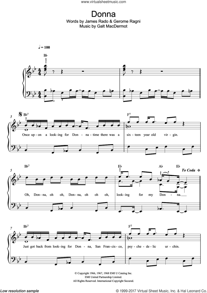 Donna (from 'Hair') sheet music for piano solo by Galt MacDermot, Gerome Ragni and James Rado, easy skill level