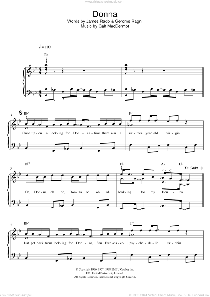 Donna (from 'Hair') sheet music for piano solo by Galt MacDermot, Gerome Ragni and James Rado, easy skill level