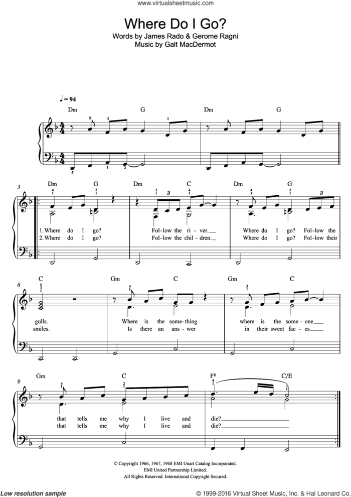 Where Do I Go? (from 'Hair') sheet music for piano solo by Galt MacDermot, Gerome Ragni and James Rado, easy skill level