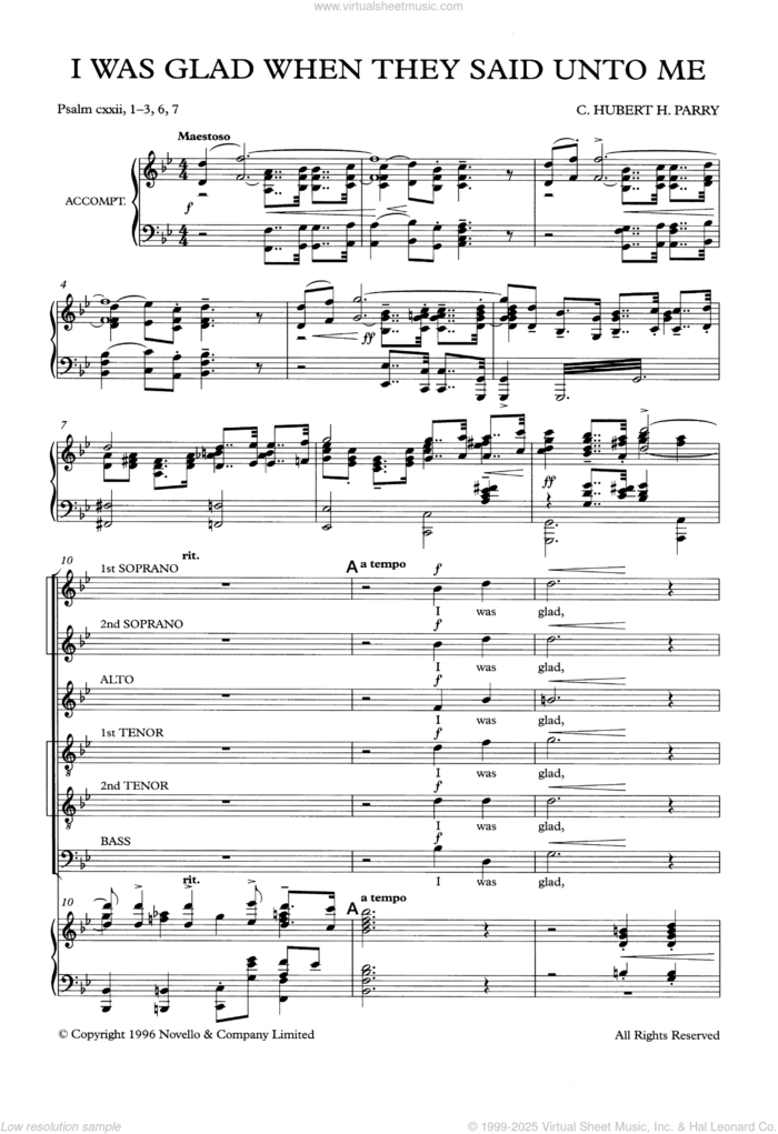 I Was Glad When They Said Unto Me sheet music for voice, piano or guitar by Hubert Parry, intermediate skill level