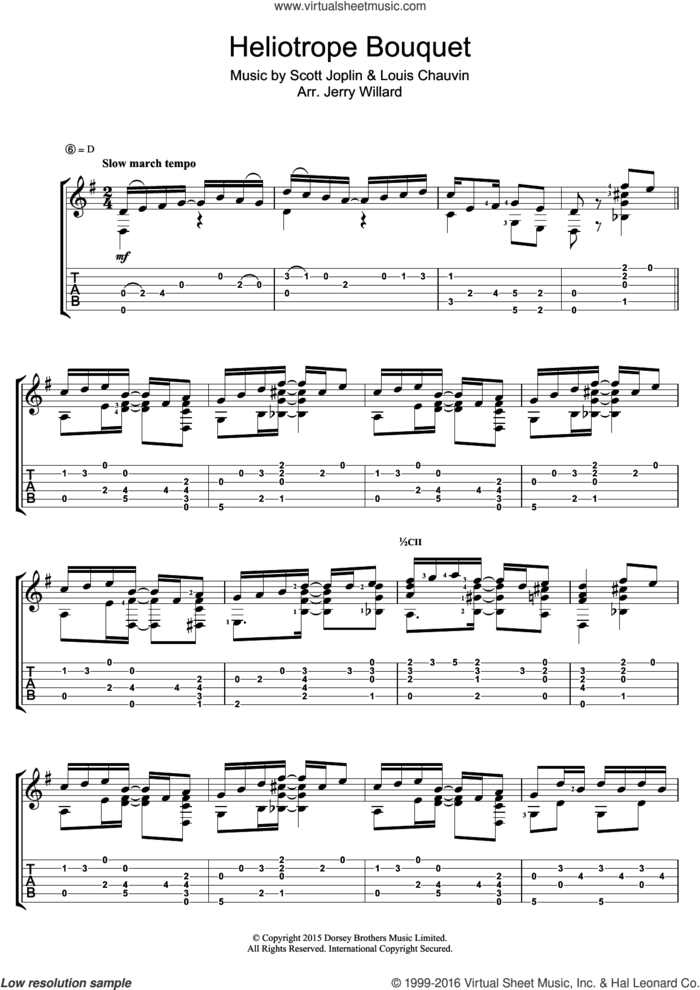 Heliotrope Bouquet sheet music for guitar (tablature) by Scott Joplin, Jerry Willard and Louis Chauvin, intermediate skill level