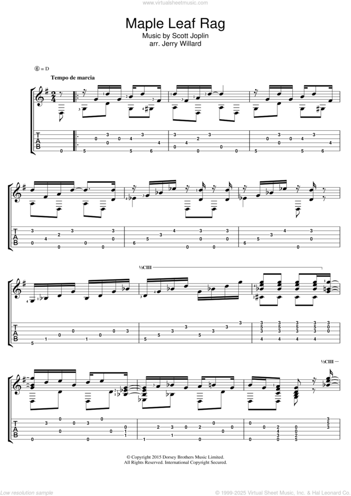 Maple Leaf Rag sheet music for guitar (tablature) by Scott Joplin and Jerry Willard, intermediate skill level