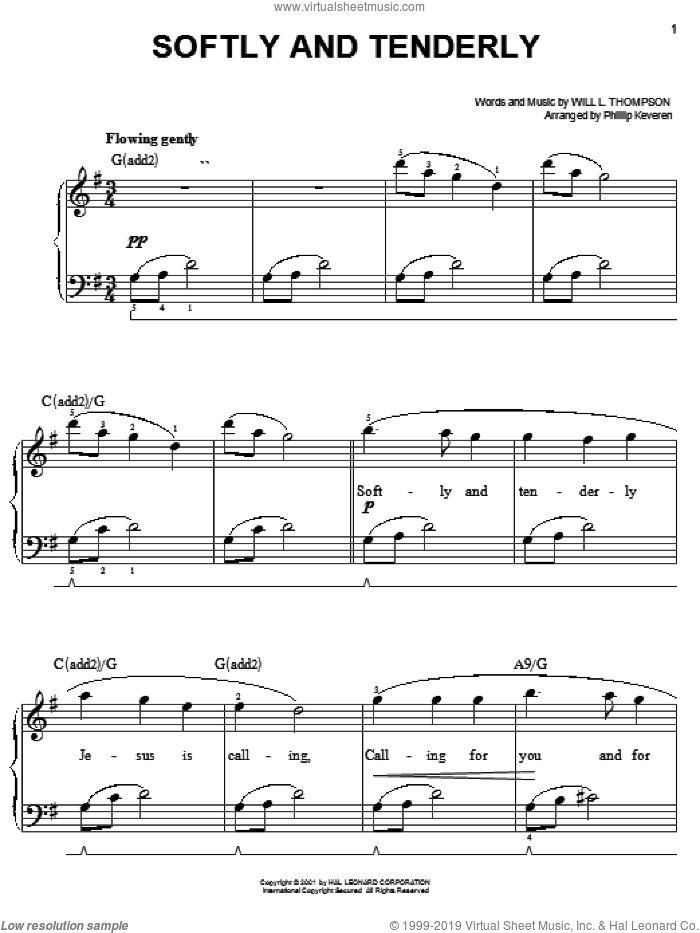 Softly And Tenderly (arr. Phillip Keveren), (easy) sheet music for piano solo by Will L. Thompson and Phillip Keveren, easy skill level