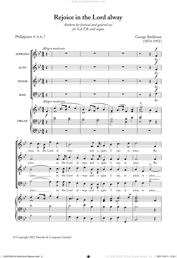 Rejoice In The Lord Alway sheet music for choir (SATB: soprano, alto, tenor, bass) by George Rathbone, classical score, intermediate skill level